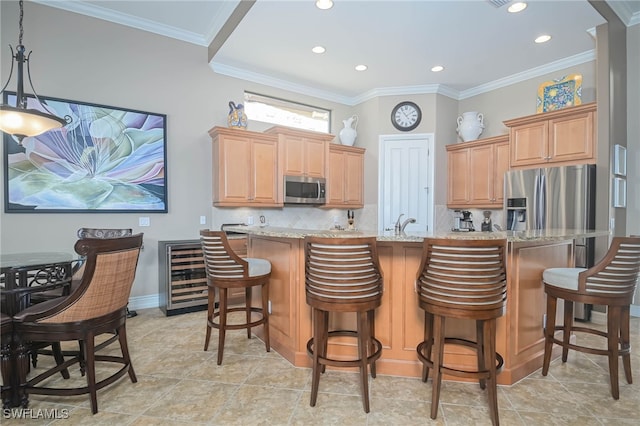 kitchen with light stone counters, backsplash, stainless steel appliances, crown molding, and decorative light fixtures