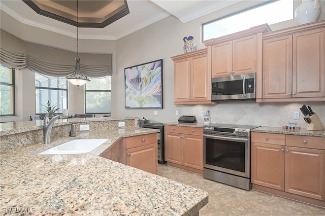 kitchen featuring light stone countertops, appliances with stainless steel finishes, sink, backsplash, and ornamental molding