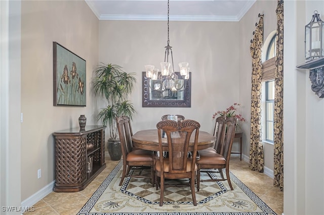 tiled dining space with crown molding and a notable chandelier