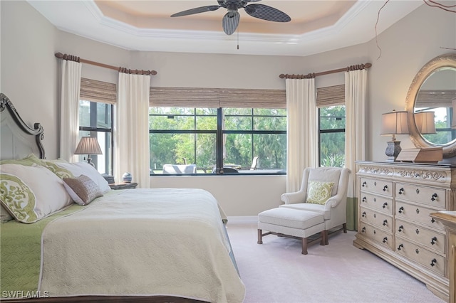 carpeted bedroom featuring a raised ceiling and ceiling fan