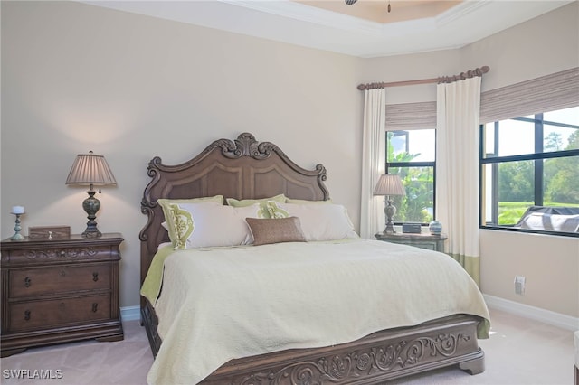 carpeted bedroom with crown molding