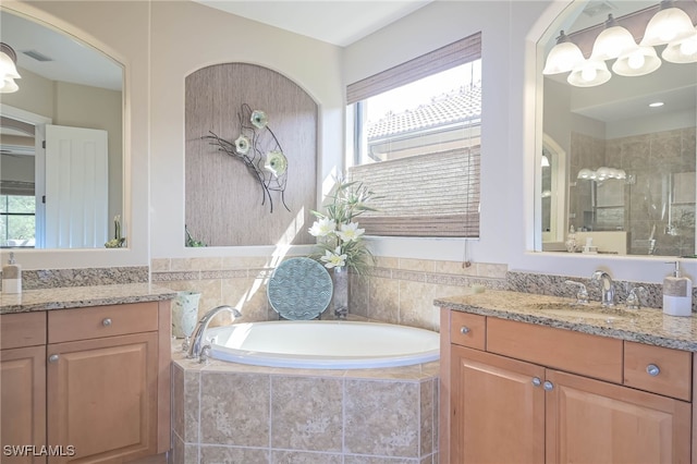 bathroom featuring vanity and separate shower and tub