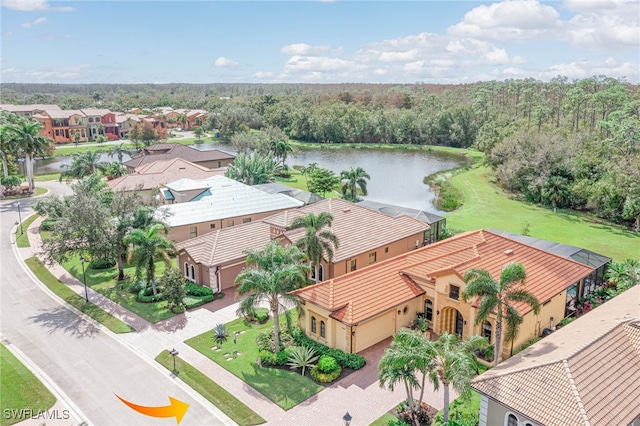 birds eye view of property featuring a water view