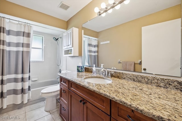 full bathroom with vanity, toilet, shower / bathtub combination with curtain, and tile patterned floors