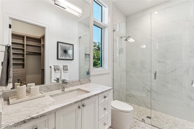 bathroom featuring plenty of natural light, toilet, an enclosed shower, and vanity