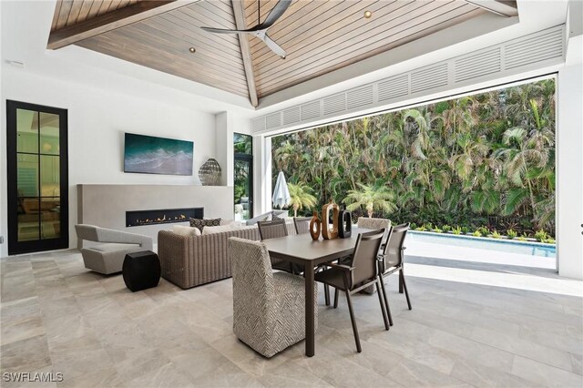 dining space featuring ceiling fan and wood ceiling