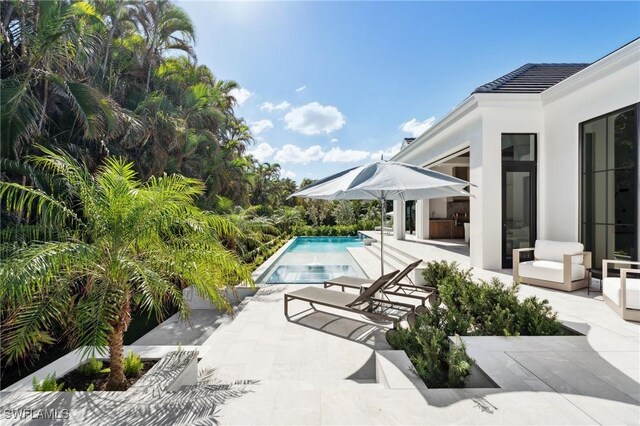 view of swimming pool featuring a patio