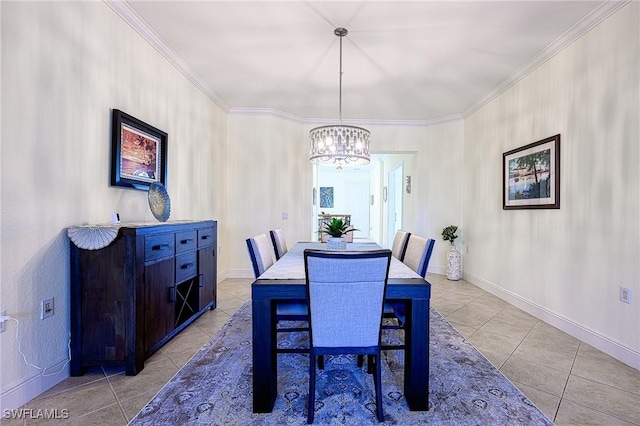 dining area featuring light tile patterned floors, crown molding, and a notable chandelier