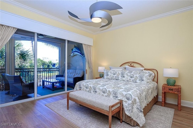 bedroom featuring ceiling fan, access to exterior, wood-type flooring, and crown molding