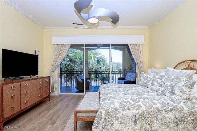 bedroom with ceiling fan, access to exterior, ornamental molding, and light hardwood / wood-style floors