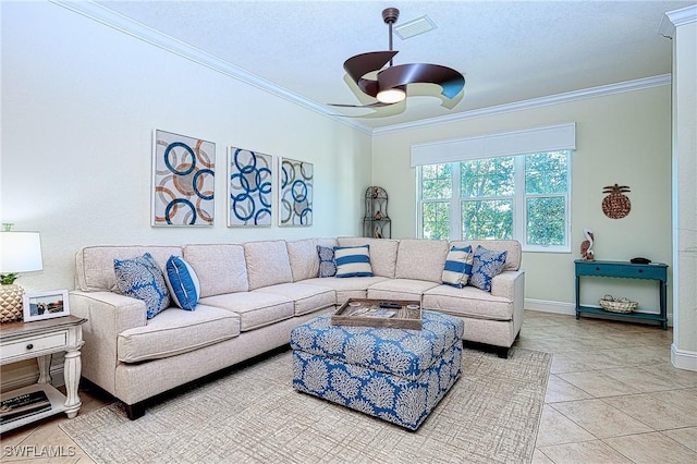 tiled living room featuring ceiling fan and ornamental molding