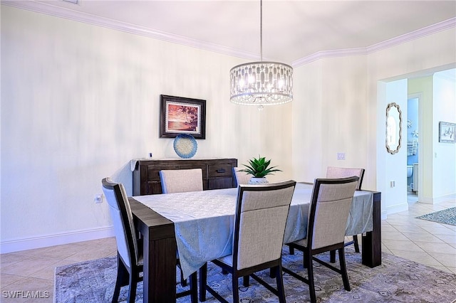 dining space with light tile patterned flooring, crown molding, and a chandelier