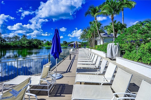 view of dock with a water view