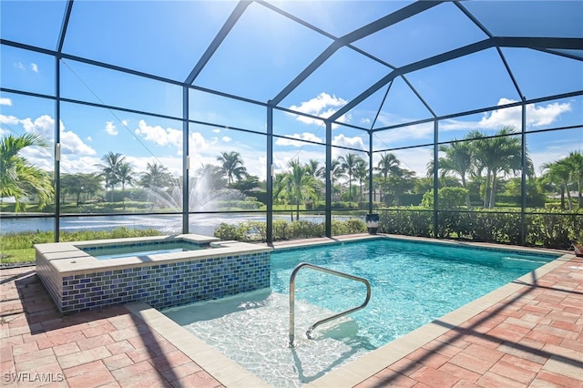 view of swimming pool featuring a water view, an in ground hot tub, a lanai, and a patio area