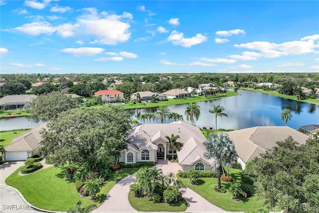 aerial view featuring a water view