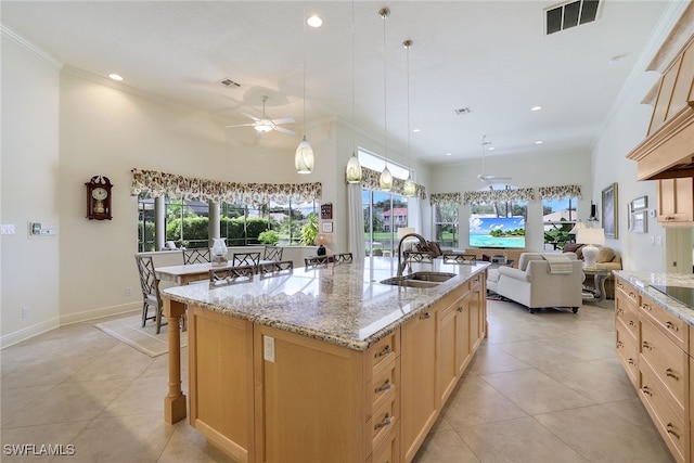 kitchen featuring an island with sink, a breakfast bar, a healthy amount of sunlight, and sink