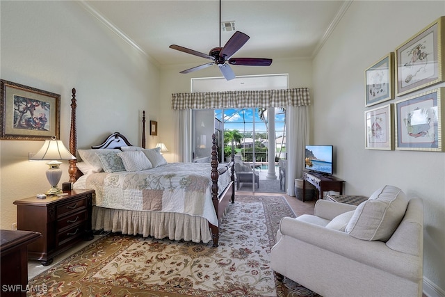 bedroom with ceiling fan, access to outside, and crown molding