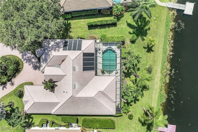 bird's eye view with a water view