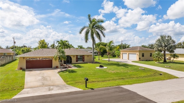 ranch-style home featuring a garage and a front lawn