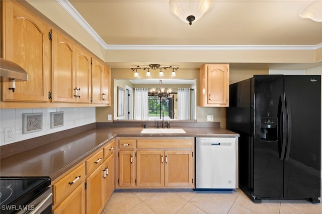 kitchen with black fridge, dishwasher, ornamental molding, and a notable chandelier