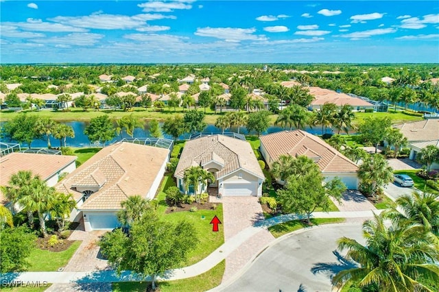 bird's eye view with a water view