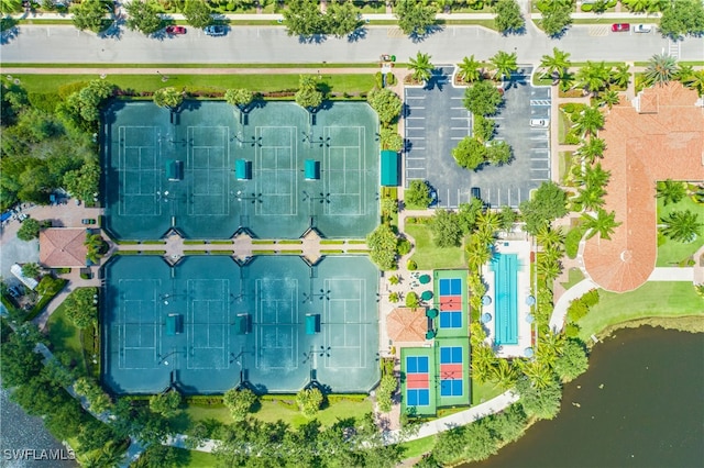 aerial view featuring a water view