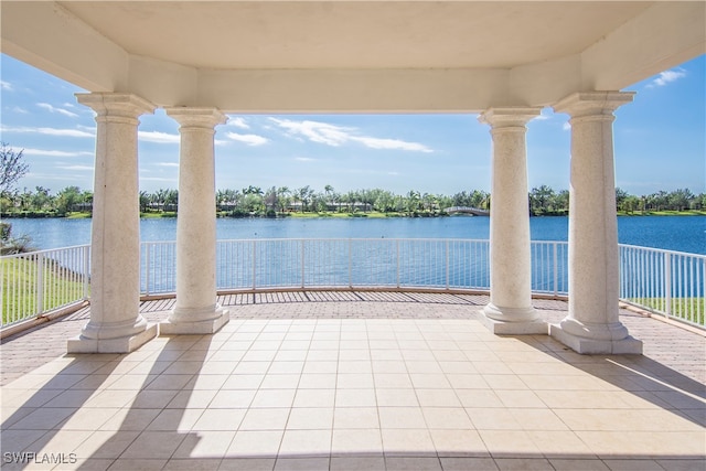 view of patio / terrace featuring a water view