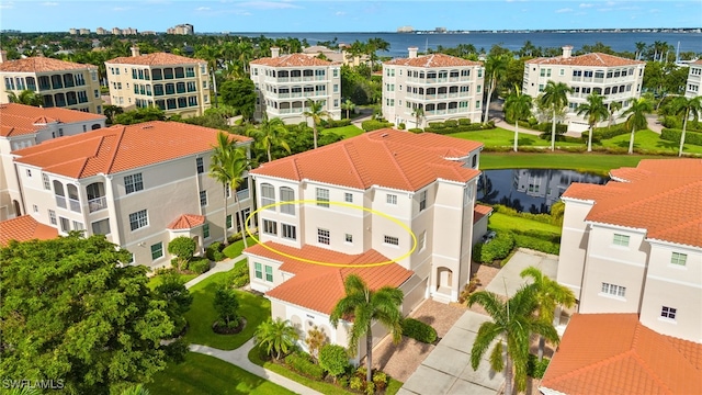 aerial view featuring a water view