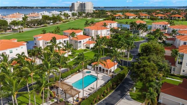 aerial view featuring a water view