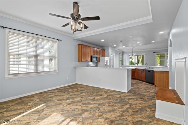 kitchen featuring ornamental molding, black dishwasher, kitchen peninsula, and white fridge