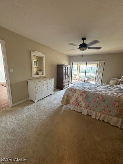 unfurnished bedroom featuring light carpet, access to exterior, and ceiling fan