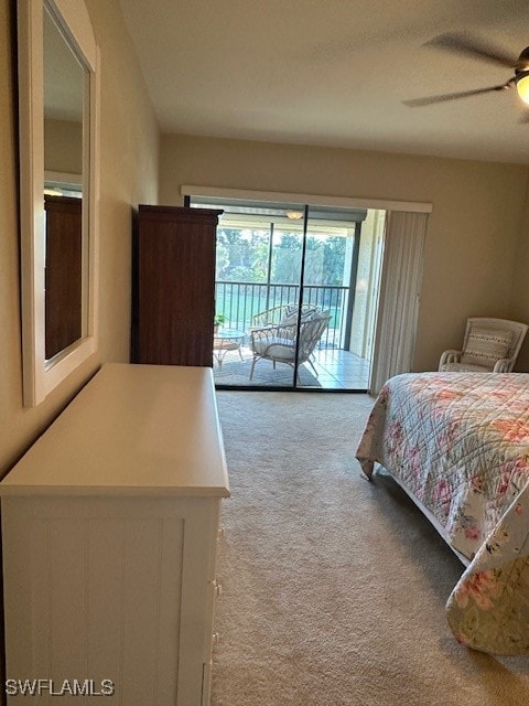 unfurnished bedroom featuring carpet flooring, ceiling fan, and access to outside