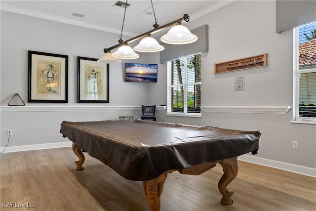 rec room with crown molding, pool table, and wood-type flooring