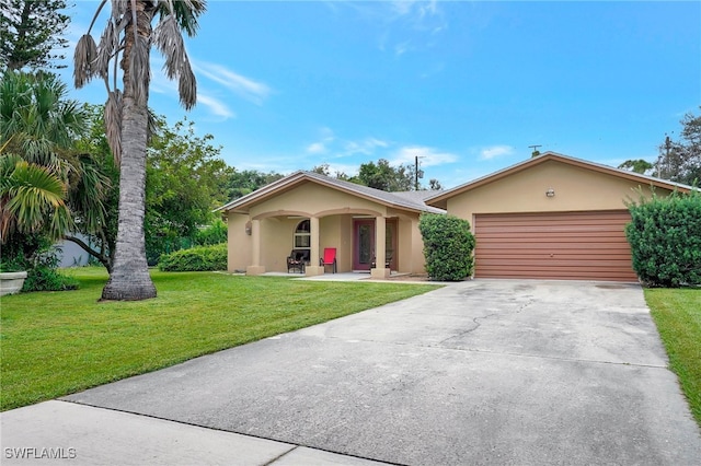 single story home featuring a front yard and a garage