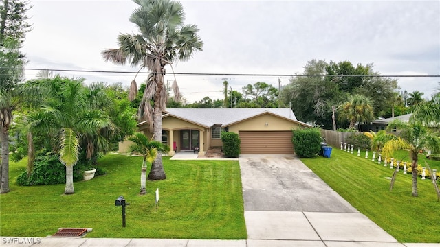 ranch-style house with a garage and a front lawn