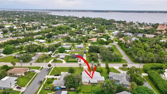 drone / aerial view featuring a water view