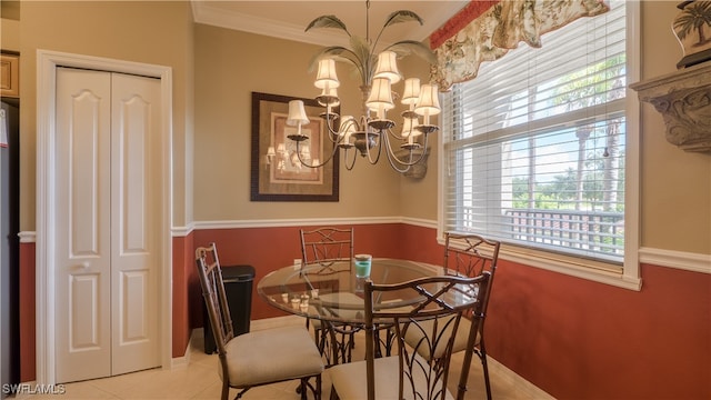 tiled dining space with ornamental molding, a chandelier, and a healthy amount of sunlight