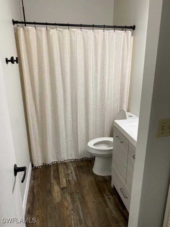 bathroom with vanity, toilet, and wood-type flooring