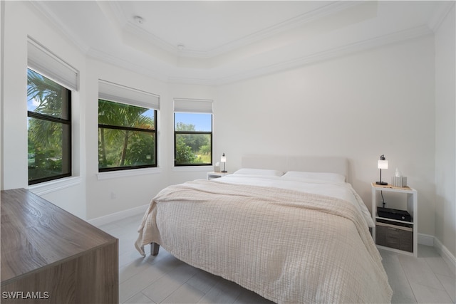 bedroom with a raised ceiling, ornamental molding, and multiple windows