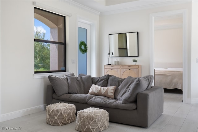 living room with crown molding and a healthy amount of sunlight