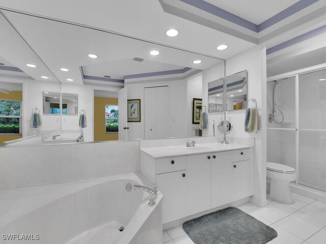 full bathroom with toilet, a wealth of natural light, a tray ceiling, and vanity