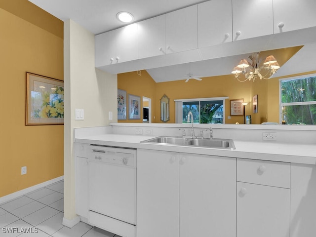 kitchen featuring white cabinetry, sink, decorative light fixtures, and dishwasher