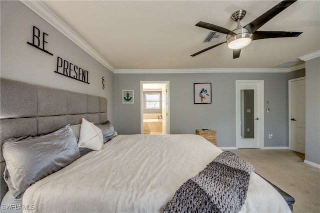 carpeted bedroom with crown molding, connected bathroom, and ceiling fan