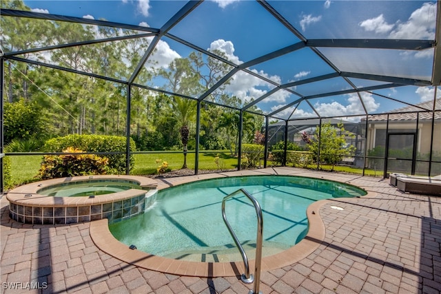 view of swimming pool featuring a patio and glass enclosure