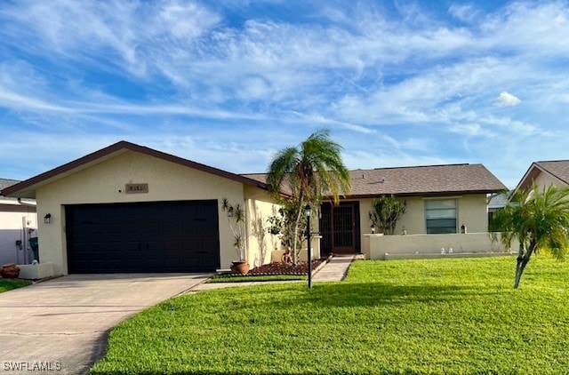 ranch-style home with a front lawn and a garage