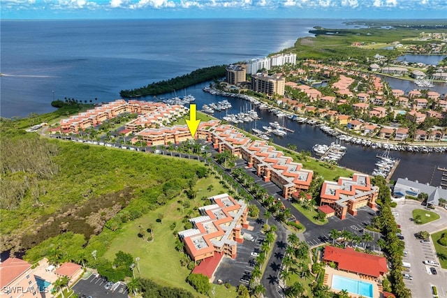 bird's eye view with a water view