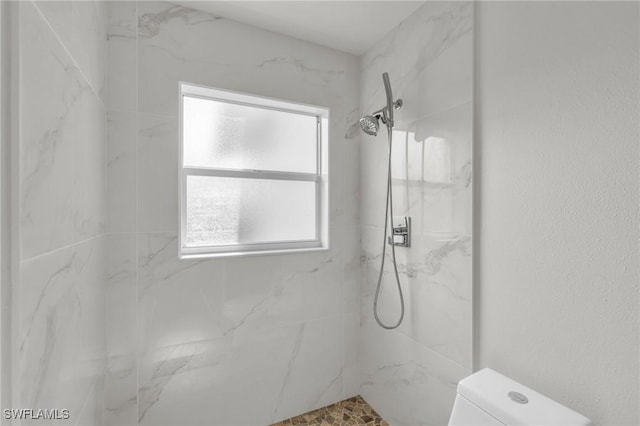 bathroom with a tile shower, a wealth of natural light, and toilet