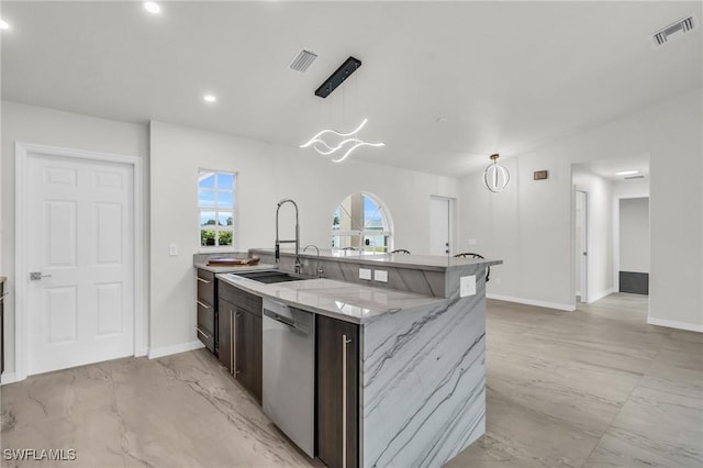 kitchen featuring dishwasher, sink, hanging light fixtures, light stone counters, and a notable chandelier