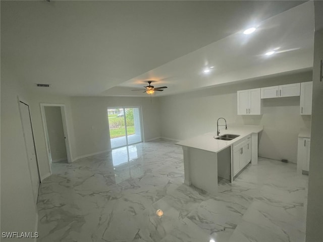 kitchen featuring white cabinets, ceiling fan, sink, and kitchen peninsula