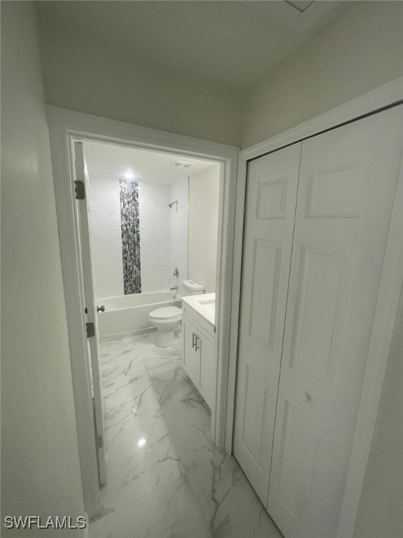 full bathroom with toilet, tub / shower combination, and vanity